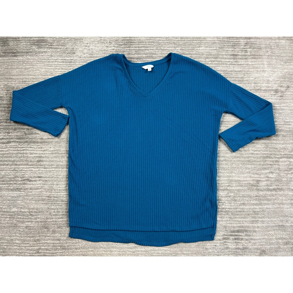 Time and Tru Top Womens S 4-6 Blue Ribbed V-Neck Long Sleeve Relaxed Tunic Slits
